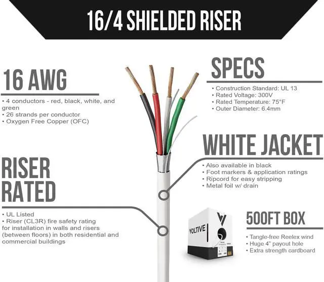 Alt view image 2 of 5 - Voltive 16/4 Shielded Low Voltage Wire, Riser CL3R, White, 500ft - 16AWG, 4 Conductors, Overall Shield, Stranded Bare Copper, UL Listed - V-1280-1