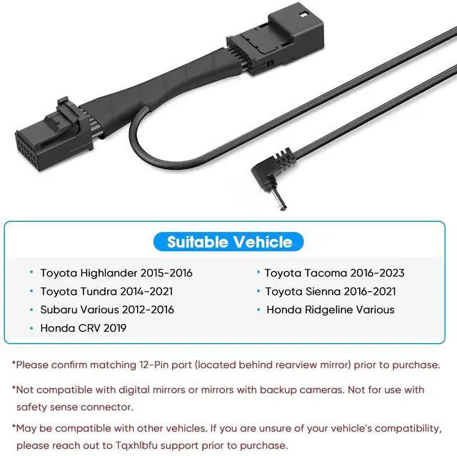 Alt view image 3 of 5 - Radar Detector Power Adapter DC3.5 Plug (12P Type A) Compatible with Toyota Tacoma15-23,Highlander15-16,Tundra14-21,Sienna,Honda Ridgeline,with Auto-dimming Rearview Mirror,Clean Install