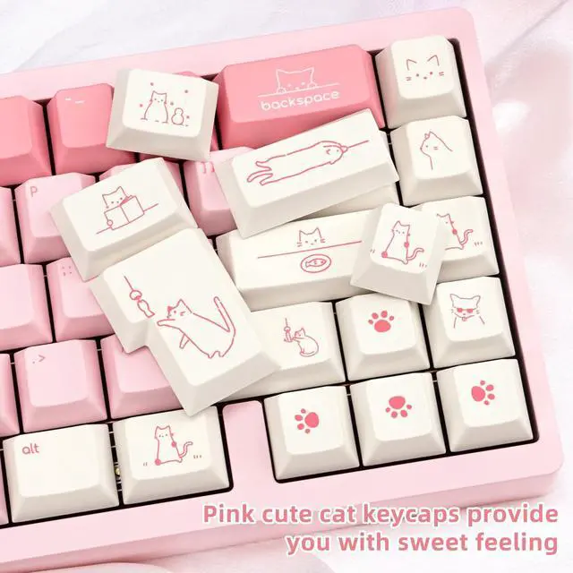 Alt view image 4 of 5 - TICKTYYPE PBT Pink Cat Theme Cherry Profile Keycaps, Dye-Sublimation Keycap Set 137 Keys, Custom Cute Animal Keycaps for 61/68/87/98/104/108 Mechanical Keyboard