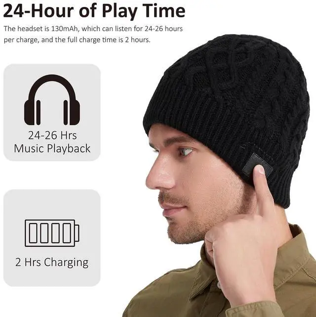 Alt view image 2 of 5 - BORAYDA Bluetooth Beanie, Bluetooth 5.2 HD Stereo,30 Hours Play time,Built-in Microphone, Men's/Women's Christmas Electronic Gift (Black)
