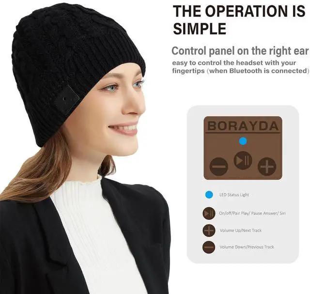 Alt view image 3 of 5 - BORAYDA Bluetooth Beanie, Bluetooth 5.2 HD Stereo,30 Hours Play time,Built-in Microphone, Men's/Women's Christmas Electronic Gift (Black)