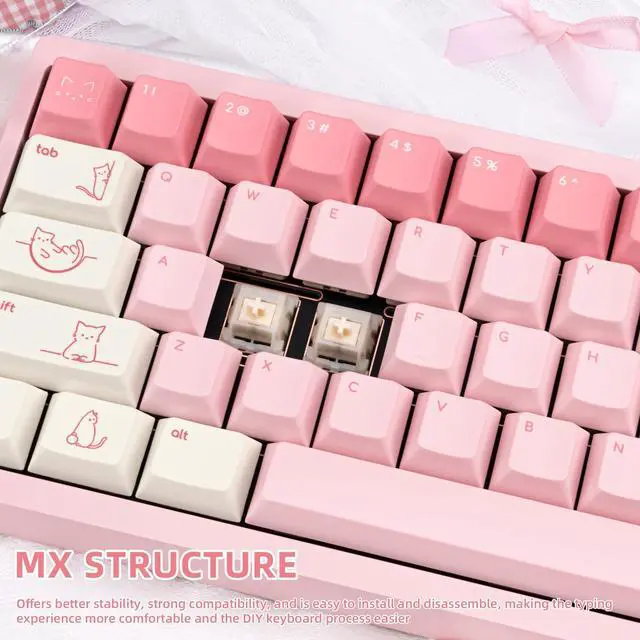 Alt view image 3 of 5 - TICKTYYPE PBT Pink Cat Theme Cherry Profile Keycaps, Dye-Sublimation Keycap Set 137 Keys, Custom Cute Animal Keycaps for 61/68/87/98/104/108 Mechanical Keyboard