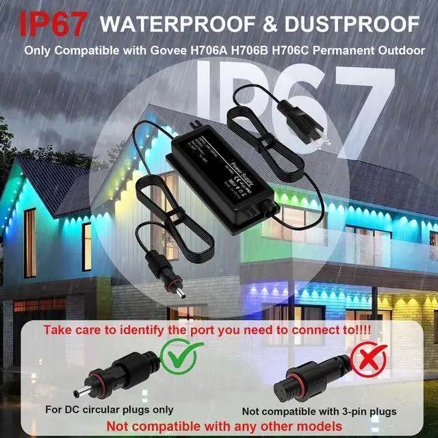 Alt view image 3 of 5 - 36V 3A Waterproof Power Adapter Cable for Govee Permanent Outdoor Light Strips. Compatible with Govee H706A, H706B, and H706C Permanent Outdoor Light Strips.not Compatible with Three-pin connectors.