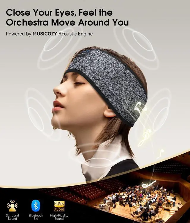 Alt view image 4 of 5 - MUSICOZY Sleep Headphones Bluetooth 5.4 Headband, Wireless Earphones Music Sleep Earbuds Sleeping Eye Mask with HD Stereo Speakers for Workout Running Travel Yoga, Ideal Gifts for Men Women