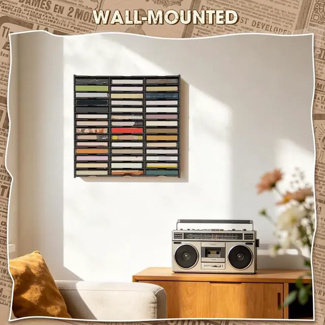 Alt view image 3 of 5 - Arkiya 42-Slot Cassette Tape Storage Organizer Rack, Wall Mount Cassette Tape Holder, Audio Cassettes Display Shelf, Ideal Gift for Cassette Collectors, Black