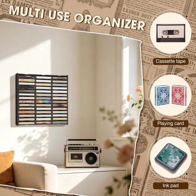 Alt view image 4 of 5 - Arkiya 42-Slot Cassette Tape Storage Organizer Rack, Wall Mount Cassette Tape Holder, Audio Cassettes Display Shelf, Ideal Gift for Cassette Collectors, Black