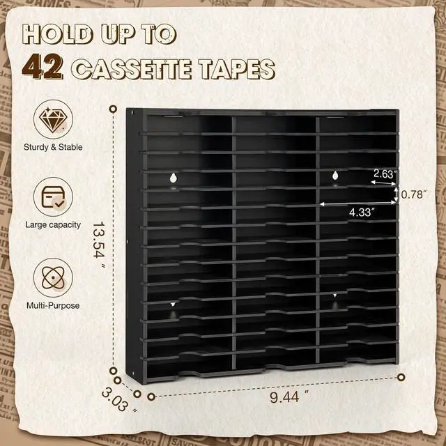 Alt view image 2 of 5 - Arkiya 42-Slot Cassette Tape Storage Organizer Rack, Wall Mount Cassette Tape Holder, Audio Cassettes Display Shelf, Ideal Gift for Cassette Collectors, Black