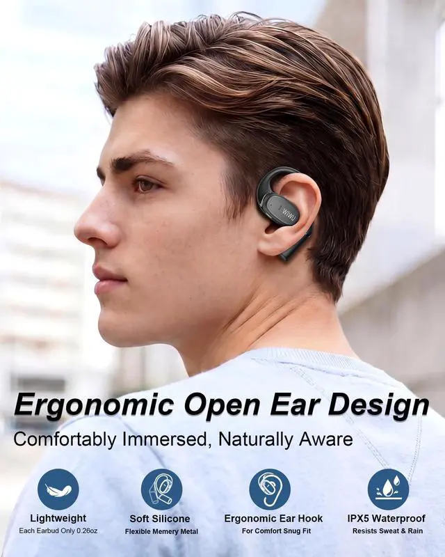 Alt view image 2 of 5 - RICHJOY Open Ear Earbuds,Lightweight Comfort Wireless Earbuds with Earhooks,40H Playtime Powerful Sound AI Clear Calls Sport Bluetooth Earbuds Waterproof for Running Office Fitness(Black)