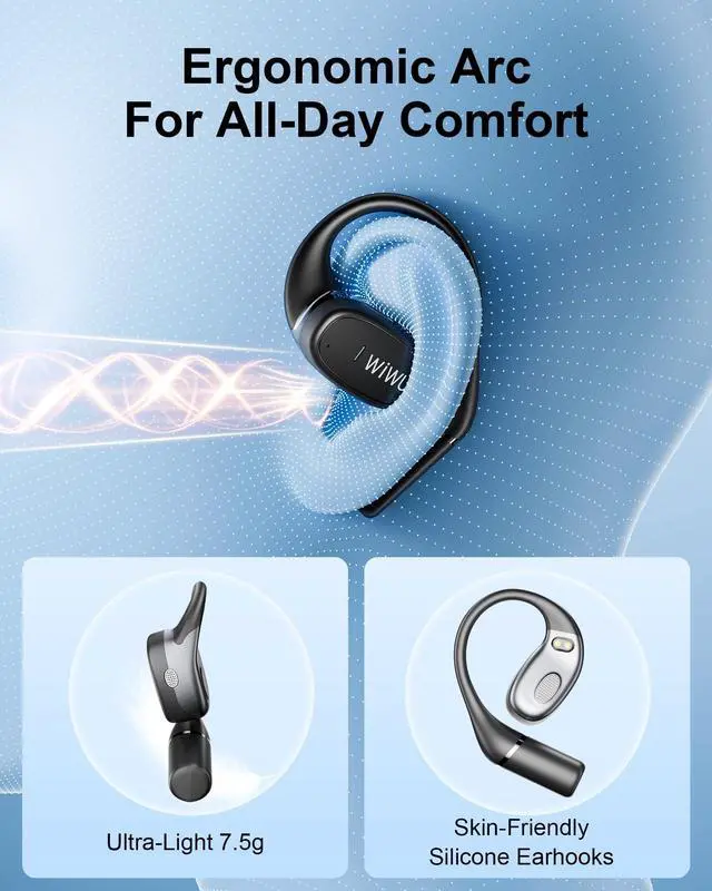 Alt view image 3 of 5 - RICHJOY Open Ear Earbuds,Lightweight Comfort Wireless Earbuds with Earhooks,40H Playtime Powerful Sound AI Clear Calls Sport Bluetooth Earbuds Waterproof for Running Office Fitness(Black)