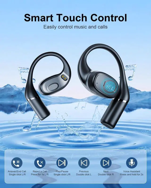 Alt view image 4 of 5 - RICHJOY Open Ear Earbuds,Lightweight Comfort Wireless Earbuds with Earhooks,40H Playtime Powerful Sound AI Clear Calls Sport Bluetooth Earbuds Waterproof for Running Office Fitness(Black)