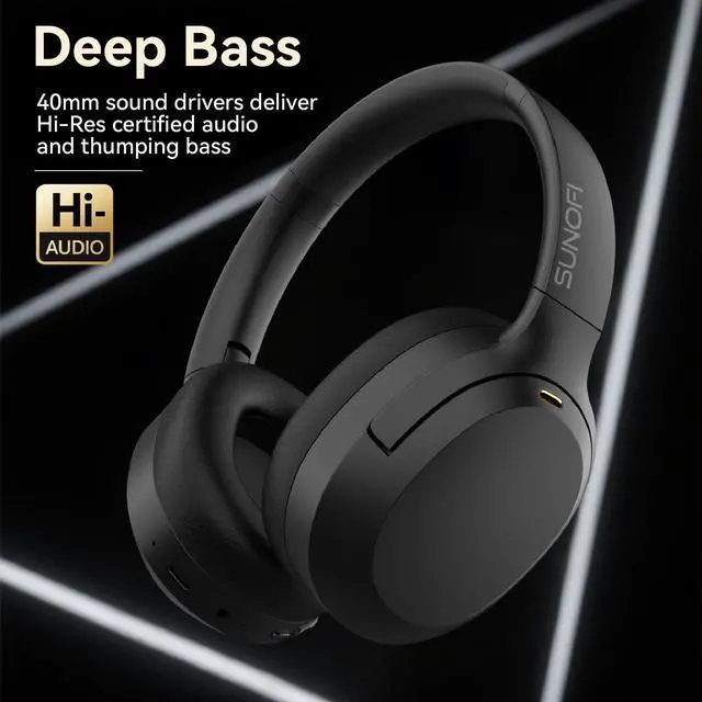 Alt view image 3 of 5 - SunoFi Hybrid Active Noise Cancelling Headphones, Wireless Over Ear Bluetooth Headphones with Mic, 60H Playtime, Hi-Res Audio, Deep Bass, Foldable Comfort Fit Ear Cups for Travel, Office, Home