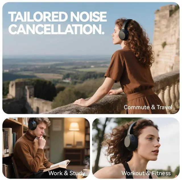 Alt view image 5 of 5 - SunoFi Hybrid Active Noise Cancelling Headphones, Wireless Over Ear Bluetooth Headphones with Mic, 60H Playtime, Hi-Res Audio, Deep Bass, Foldable Comfort Fit Ear Cups for Travel, Office, Home