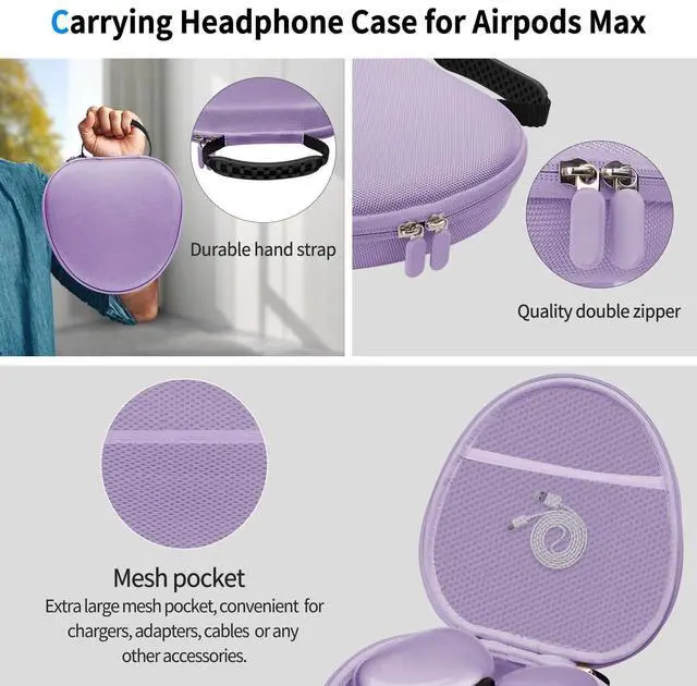 Alt view image 5 of 5 - Hard Case for AirPods Max 2 Supports Sleep Mode, Travel Carrying Headphone Case with AirPods Max 2/1 Clear Ear Cups Cover/Silicone Earpad Case/Headband Cover, Protective Portable Storage Bag, Purple