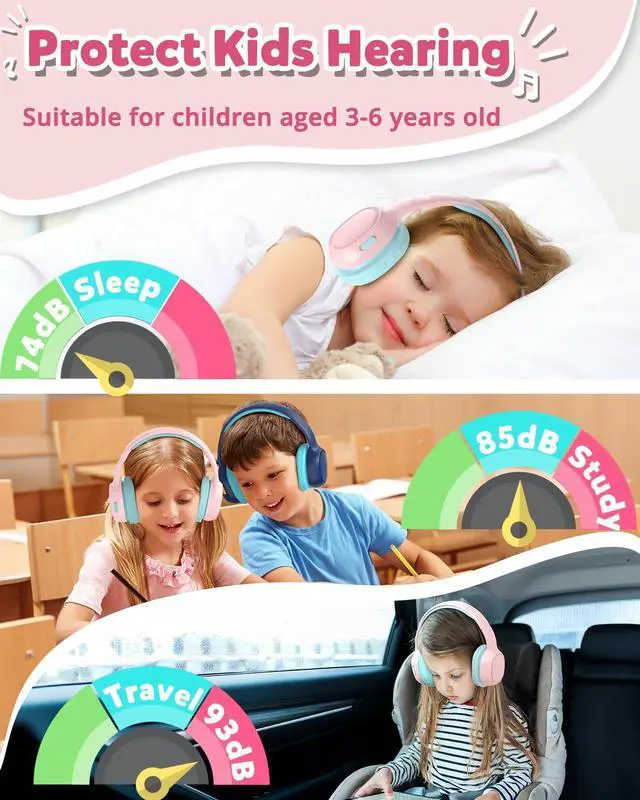 Alt view image 2 of 5 - Tronsmart KH02 Kids Headphones Volume Limit 74/85/93dB, 45H Playtime, 3.5mm Jack, Foldable, Wireless Headphones with Microphone for School/Travel/Plane (Princess Pink)