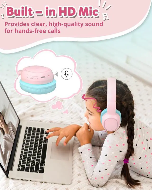 Alt view image 5 of 5 - Tronsmart KH02 Kids Headphones Volume Limit 74/85/93dB, 45H Playtime, 3.5mm Jack, Foldable, Wireless Headphones with Microphone for School/Travel/Plane (Princess Pink)