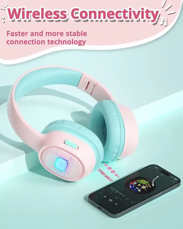 Alt view image 4 of 5 - Tronsmart KH02 Kids Headphones Volume Limit 74/85/93dB, 45H Playtime, 3.5mm Jack, Foldable, Wireless Headphones with Microphone for School/Travel/Plane (Princess Pink)