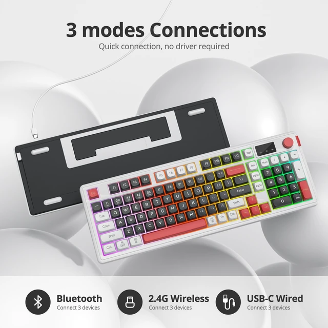 Alt view image 4 of 5 - Mosptnspg RGB Mechanical Feel Membrane Wireless Keyboard, Wired/Bluetooth/2.4G Silent ABS Ball Cap Gasket Structure Gaming Office Keyboard for PC/Mac/Win (98 Black)