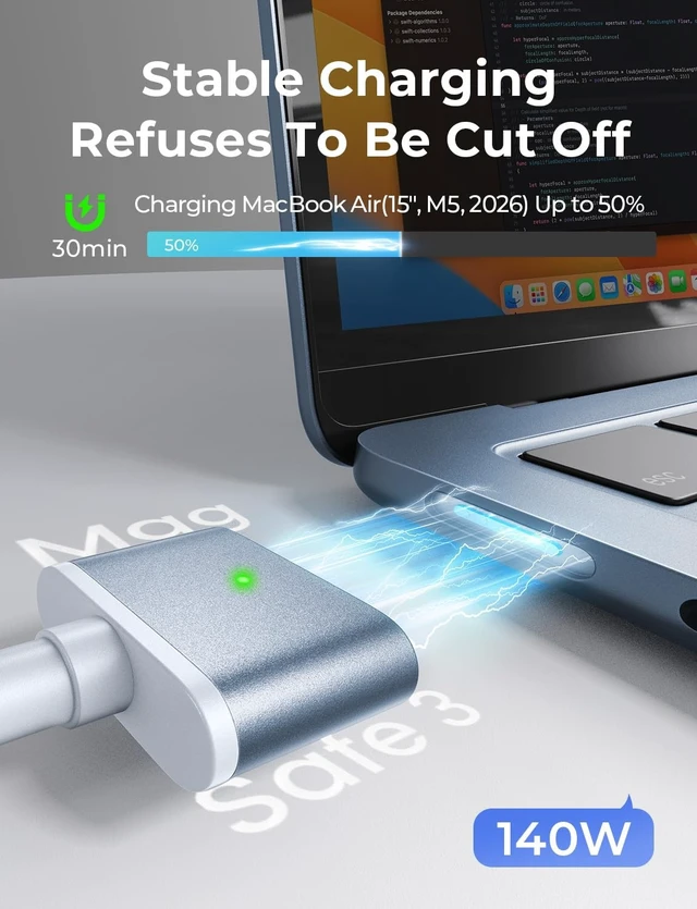 Alt view image 2 of 5 - LISEN MacBook Air Charger Magnetic 140W Magsafe 3 Cable, Sky Blue 6.6FT