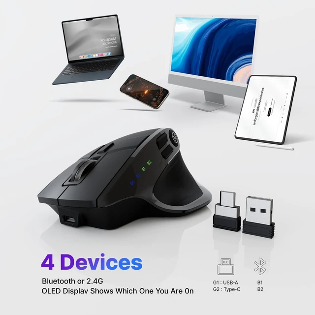 Alt view image 2 of 5 - Wireless Mouse, Bluetooth & 2.4GHz Ergonomic Silent Mouse
