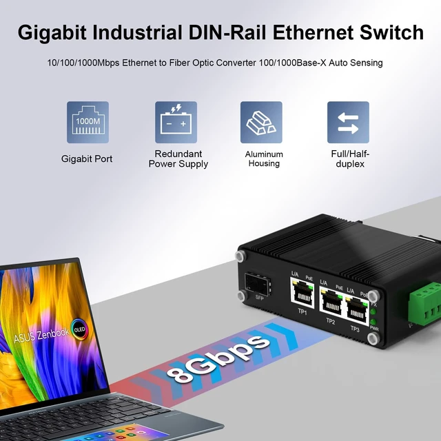 Alt view image 3 of 5 - Mini 4-Port Industrial Gigabit PoE+ Switch with SFP, 9-57V DC Wide Voltage Input, 90W Total PoE Budget, Din Rail/Wall Mount, Hardened for Solar, VoIP, RV & Truck Use