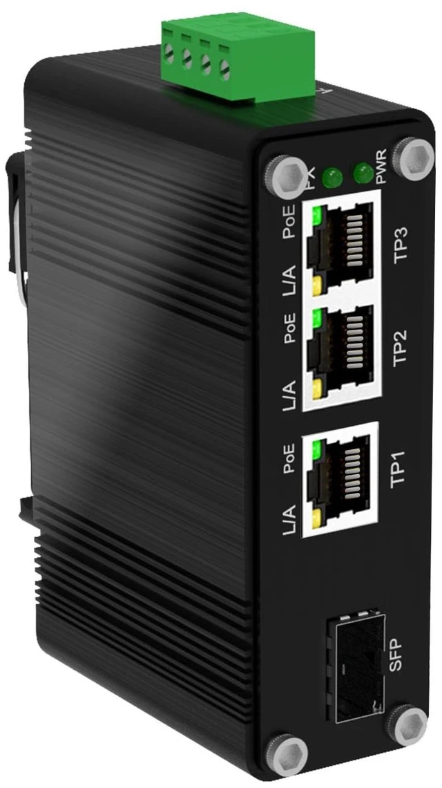 Main image of Mini 4-Port Industrial Gigabit PoE+ Switch with SFP, 9-57V DC Wide Voltage Input, 90W Total PoE Budget, Din Rail/Wall Mount, Hardened for Solar, VoIP, RV & Truck Use