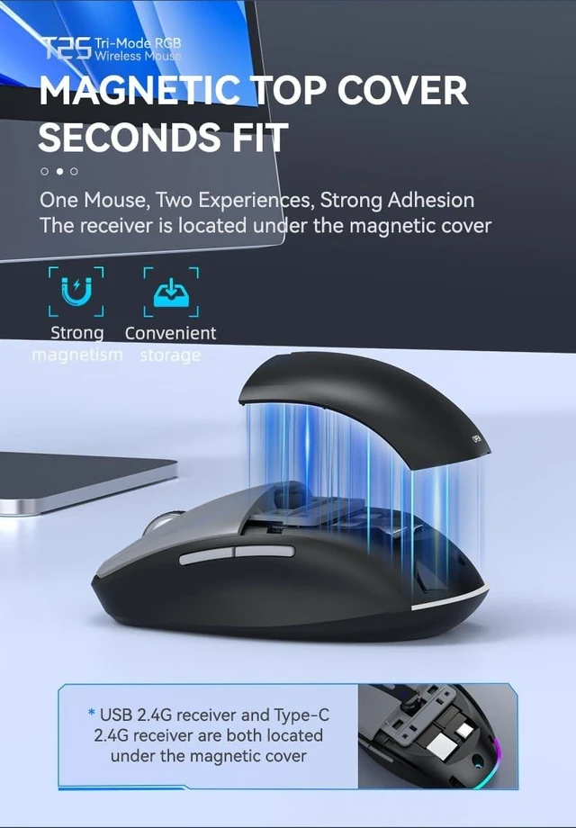 Alt view image 3 of 5 - Wireless Bluetooth Mouse,Tri Mode(Bluetooth & USB-C & USB-A) Type-C Cordless Mice with LED,6 Buttons,Rechargeable,Ergonomic Silent Clicks,3200D-PI for PC/Laptop/Tablet/Computer/Mac Multi-Device