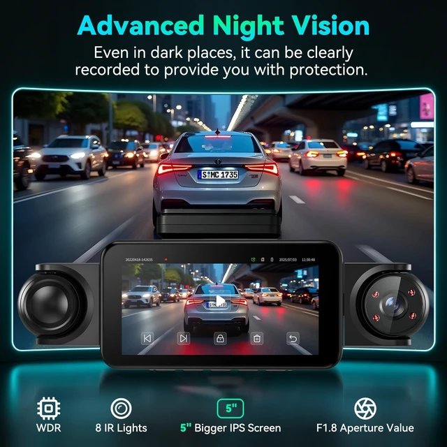 Alt view image 5 of 5 - 360View 4 Channel Dash Cam, 5'' IPS Large Screen Dash Camera for Cars, 4K+1080P Front and Rear Inside Left Right, Built-in IR Night Vision, 24H Parking Mode, 64GB SD Card, Wireless APP Transmis