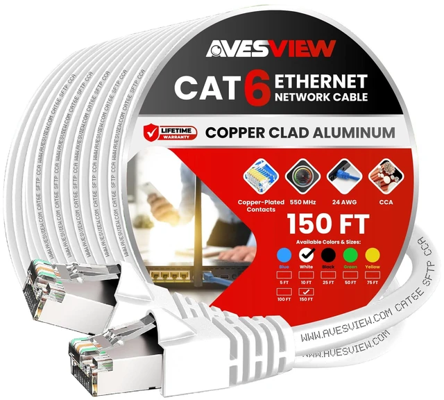 Main image of AvesView CAT 6 Shielded Ethernet Cable 150 FT, Indoor High-Speed (SFTP) 10Gbps Snagless Shielded 150FT Ethernet Cable for Internet, Router, Computer, PlayStation, Xbox, POE Camera, Printer - White