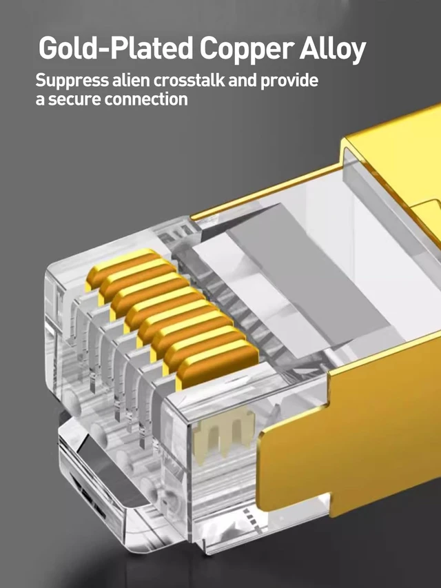 Alt view image 4 of 5 - ZOERAX 50-Pack Cat7 Cat6A Shielded Pass Through RJ45 Connectors, 3-Prong Gold Plated CAT7 Modular Plug for Solid or Stranded STP/FTP Ethernet Cable (Gold)