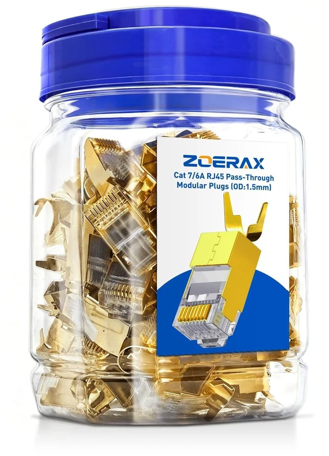 Main image of ZOERAX 50-Pack Cat7 Cat6A Shielded Pass Through RJ45 Connectors, 3-Prong Gold Plated CAT7 Modular Plug for Solid or Stranded STP/FTP Ethernet Cable (Gold)