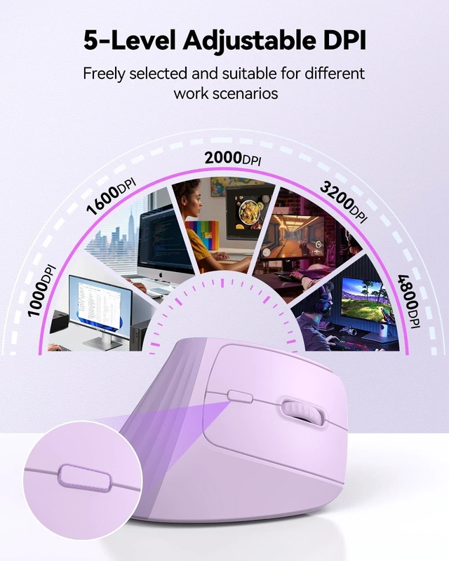 Alt view image 3 of 5 - TECKNET Vertical Ergonomic Wireless Bluetooth Mouse, Silent Rechargeable Bluetooth Mouse(BT 5.0/5.0+2.4G), 5-Level 4800 DPI, 200H Long Battery Life, Compatible with Windows/Mac/Linux/Android/Ch