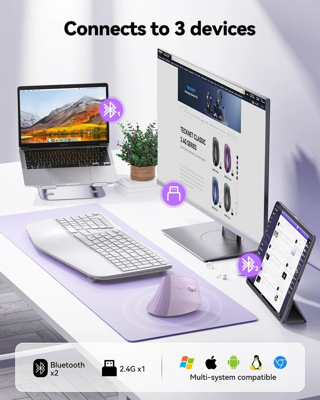 Alt view image 4 of 5 - TECKNET Vertical Ergonomic Wireless Bluetooth Mouse, Silent Rechargeable Bluetooth Mouse(BT 5.0/5.0+2.4G), 5-Level 4800 DPI, 200H Long Battery Life, Compatible with Windows/Mac/Linux/Android/Ch