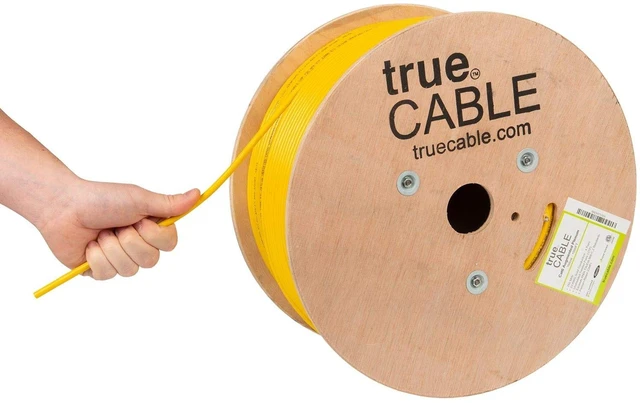 Main image of TRUE CABLE Cat6A Plenum Bulk Ethernet Cable (CMP), Unshielded UTP, 1000ft, Yellow, 23AWG Solid Bare Copper, 750MHz, 10Gbps, PoE++ (4PPoE), ETL Listed