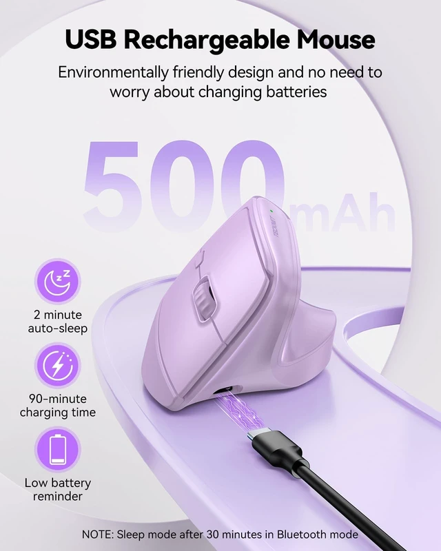 Alt view image 5 of 5 - TECKNET Vertical Ergonomic Wireless Bluetooth Mouse, Silent Rechargeable Bluetooth Mouse(BT 5.0/5.0+2.4G), 5-Level 4800 DPI, 200H Long Battery Life, Compatible with Windows/Mac/Linux/Android/Ch