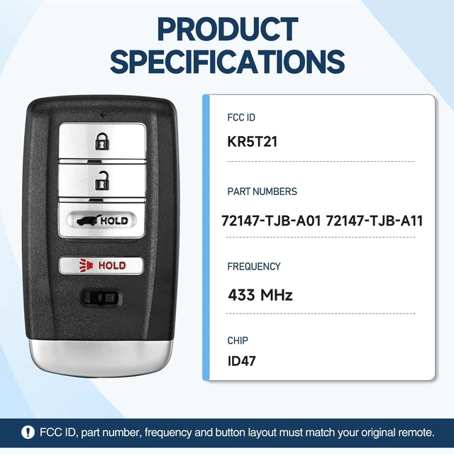 Alt view image 3 of 5 - Replacement Key Fob Remote for Acura RDX 2019 2020 2021 Keyless Entry Car Remote KR5T21 72147-TJB-A01 433.92MHz 47 72147-TJB-A11