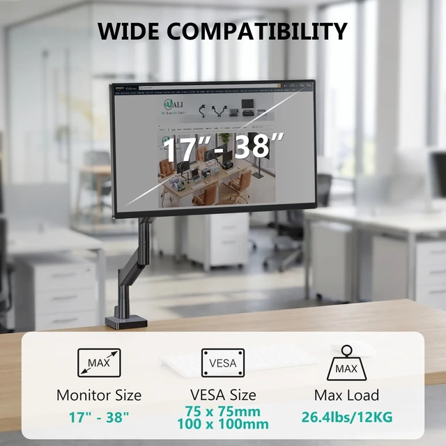 Alt view image 2 of 5 - WALI Extra Long Single Monitor Arm for 17-38 inch Screens, up to 26.4 lbs