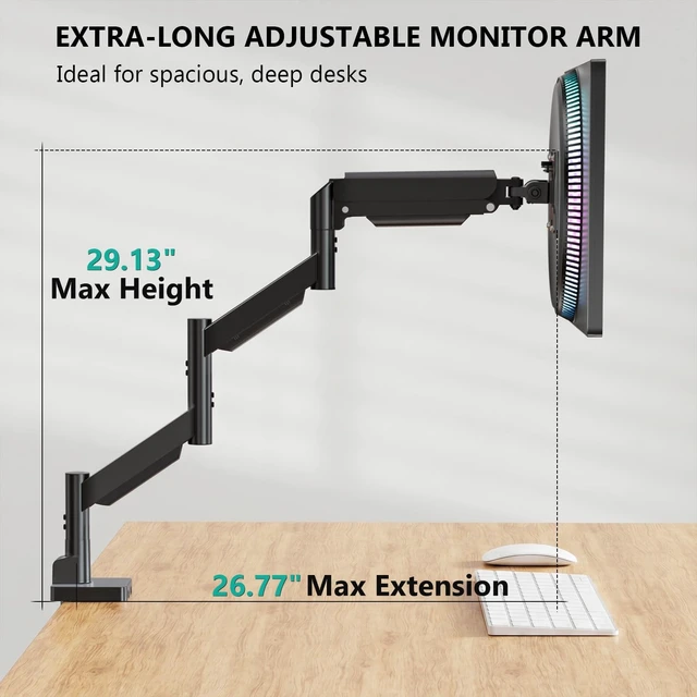 Alt view image 4 of 5 - WALI Extra Long Single Monitor Arm for 17-38 inch Screens, up to 26.4 lbs