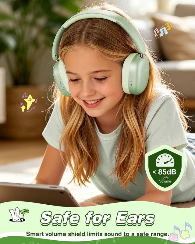 Alt view image 2 of 5 - Wentronic Kids Headphones Wireless Bluetooth 5.4,Foldable Over Ear Headphones with 3.5mm Wired Mode,Safe Volume Limit,48H Playtime,Clear Calls,HD Sound for Toddlers/Children/School/Travel,Green