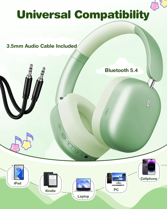 Alt view image 3 of 5 - Wentronic Kids Headphones Wireless Bluetooth 5.4,Foldable Over Ear Headphones with 3.5mm Wired Mode,Safe Volume Limit,48H Playtime,Clear Calls,HD Sound for Toddlers/Children/School/Travel,Green