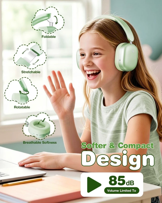 Alt view image 5 of 5 - Wentronic Kids Headphones Wireless Bluetooth 5.4,Foldable Over Ear Headphones with 3.5mm Wired Mode,Safe Volume Limit,48H Playtime,Clear Calls,HD Sound for Toddlers/Children/School/Travel,Green