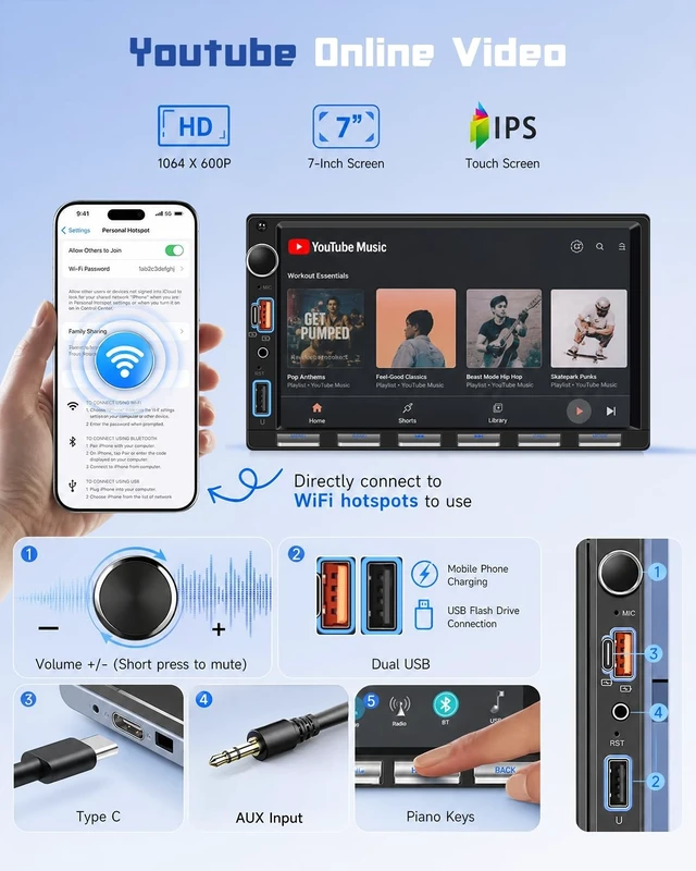 Alt view image 4 of 5 - 7'' Double Din Radio Car Stereo with Wireless CarPlay Android Auto