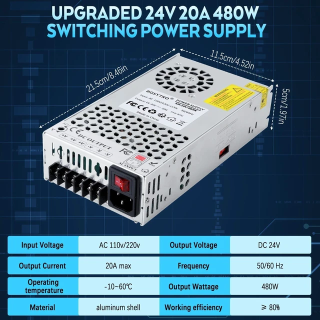 Alt view image 2 of 5 - BOSYTRO Upgraded Output Port 24V 20A 480W DC Switching Power Supply, Universal Transformers AC110V/220V (SMPS), 24 Volt Power Supply for 3D Printer, CCTV Camera Security SystemWithout Power Cord