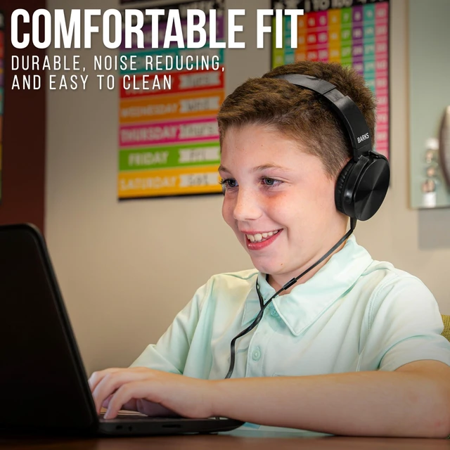 Alt view image 5 of 5 - Barks Classroom Headphones with Microphone (Black, 12 Pack) - Wired 3.5mm On-Ear Bulk Headphones for Classroom: Best for Students K-12 Schools (Durable, Inline Microphone, Great Recording Quality)