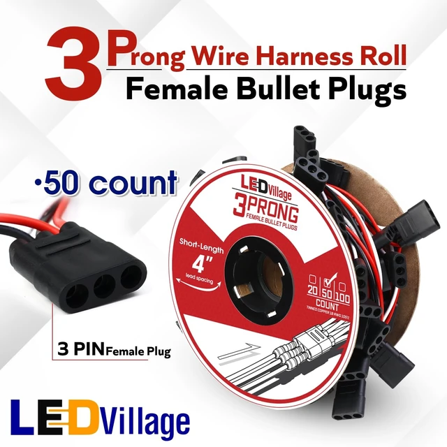 Alt view image 2 of 5 - Ledvillage 50 Counts of 3 Prong Female Bullet Plug Wiring Harness Continuous Wire Harness Roll (4" Lead Spacing Between Plugs) 3 Prong Socket Plug