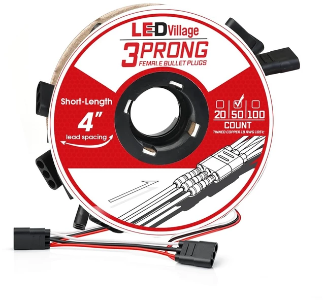 Main image of Ledvillage 50 Counts of 3 Prong Female Bullet Plug Wiring Harness Continuous Wire Harness Roll (4" Lead Spacing Between Plugs) 3 Prong Socket Plug