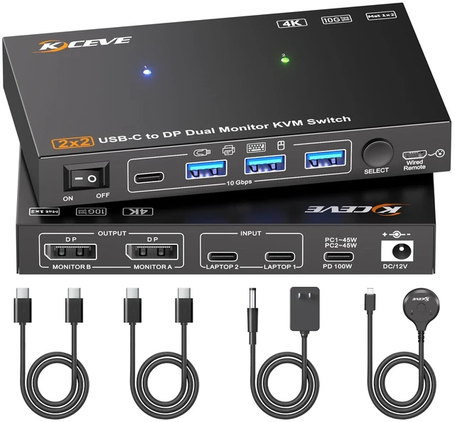 Main image of USB C KVM Switch 2 Monitors 2 Computers 4K@60Hz,2 Monitors KVM for 2 Laptops Share Dual External Displays and 4 USB3.2 Peripherals,10Gbps,PD 100W, Wired Remote,USB-C Cables and 12V Power Adapter
