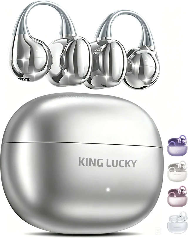 Main image of King Lucky Next-gen Clip on Earbuds Open Ear Wireless Bluetooth 6.0 Headphones with Mic,50H Play,ENC,IPX5 Waterproof,Sports Ear Buds,Comfortable for Small Ears&Fitness,Run (Silver, Standard)