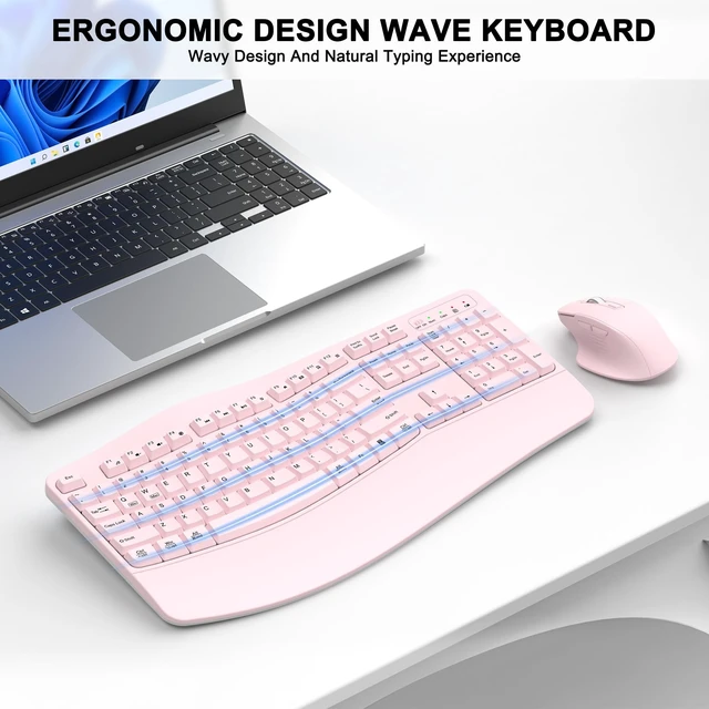 Alt view image 2 of 5 - Wireless Keyboard and Mouse Combo, 2.4G Ergonomic Wave Keys(Light Pink)