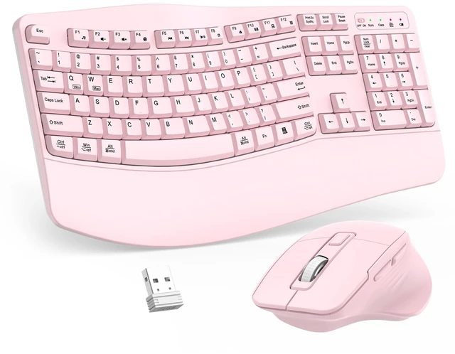 Main image of Wireless Keyboard and Mouse Combo, 2.4G Ergonomic Wave Keys(Light Pink)