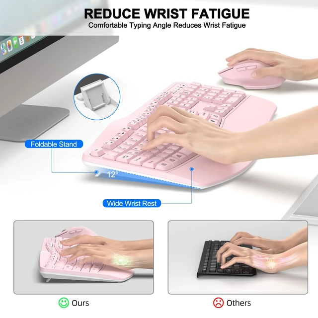 Alt view image 3 of 5 - Wireless Keyboard and Mouse Combo, 2.4G Ergonomic Wave Keys(Light Pink)
